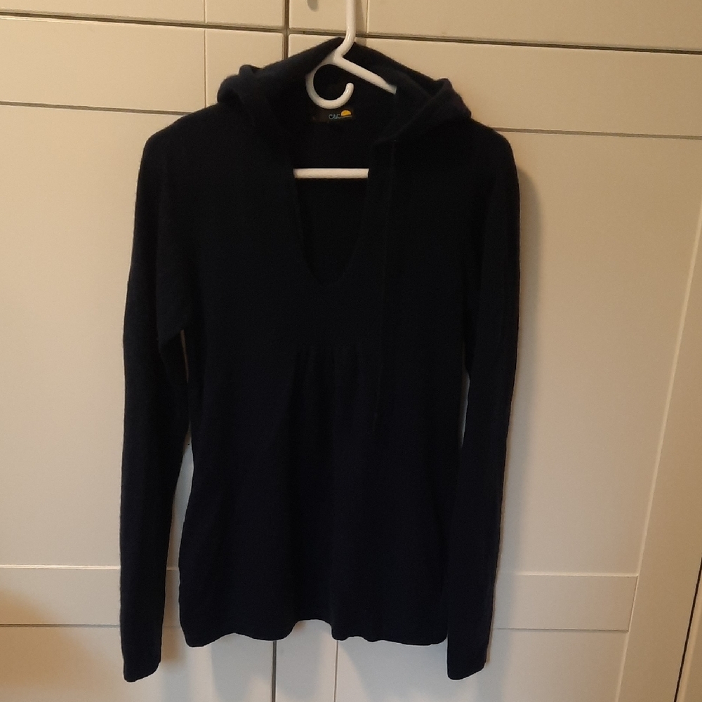 Large Navy Blue Hooded Cashmere Sweater Like New